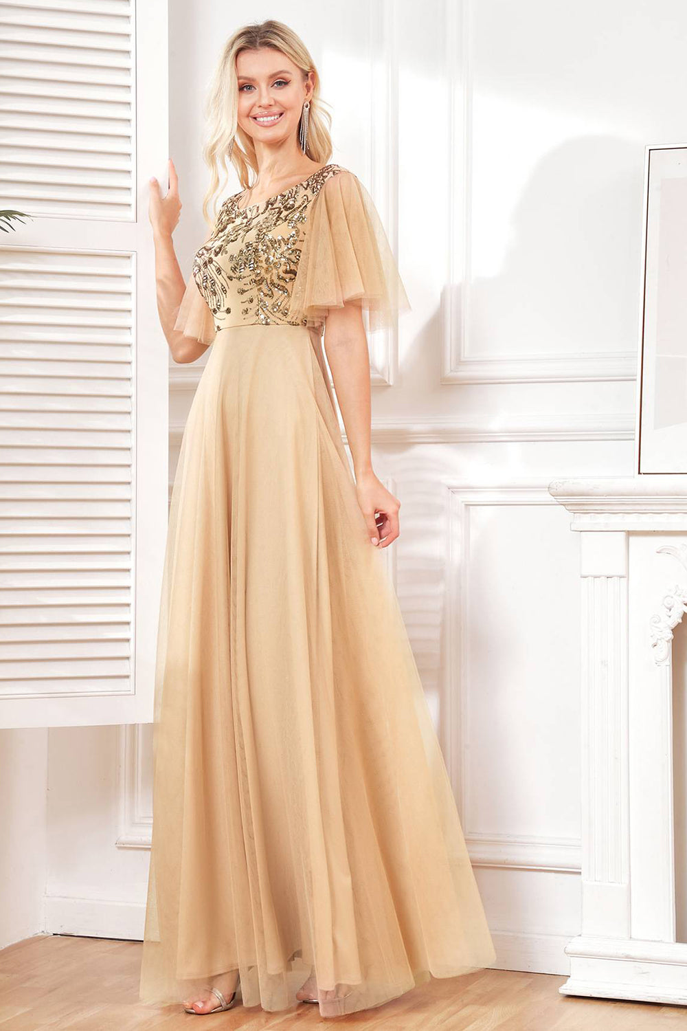 Champange Half Sleeves Long Tulle Prom Dress With Embroidery Sparkly Evening Dresses