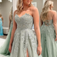 Charming A-Line Appliques Tulle Sexy Long Floor-Length Prom Dresses With Slit Beautiful