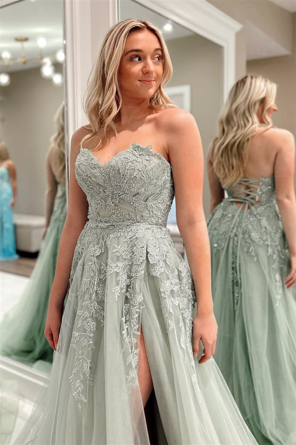 Charming A-Line Appliques Tulle Sexy Long Floor-Length Prom Dresses With Slit Beautiful