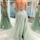 Charming A-Line Appliques Tulle Sexy Long Floor-Length Prom Dresses With Slit Beautiful