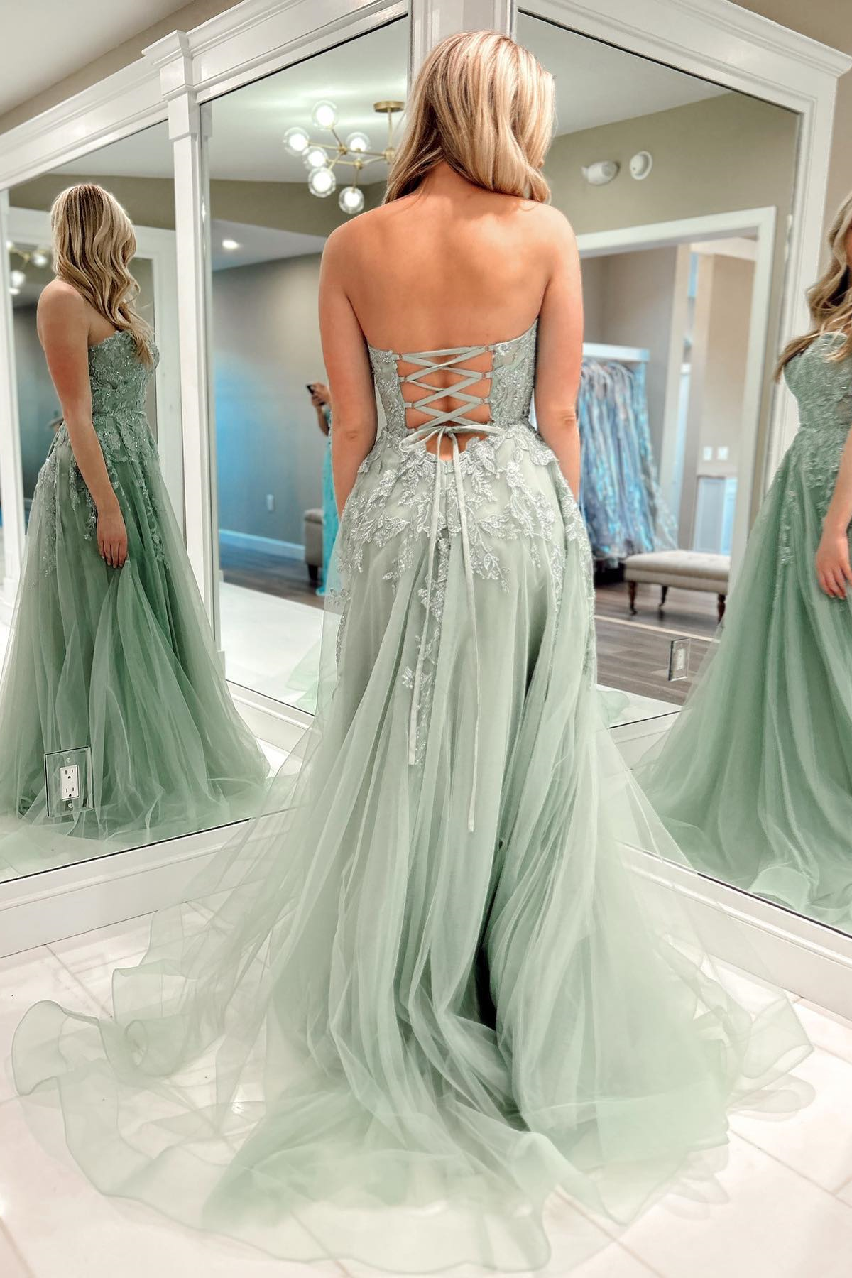 Charming A-Line Appliques Tulle Sexy Long Floor-Length Prom Dresses With Slit Beautiful