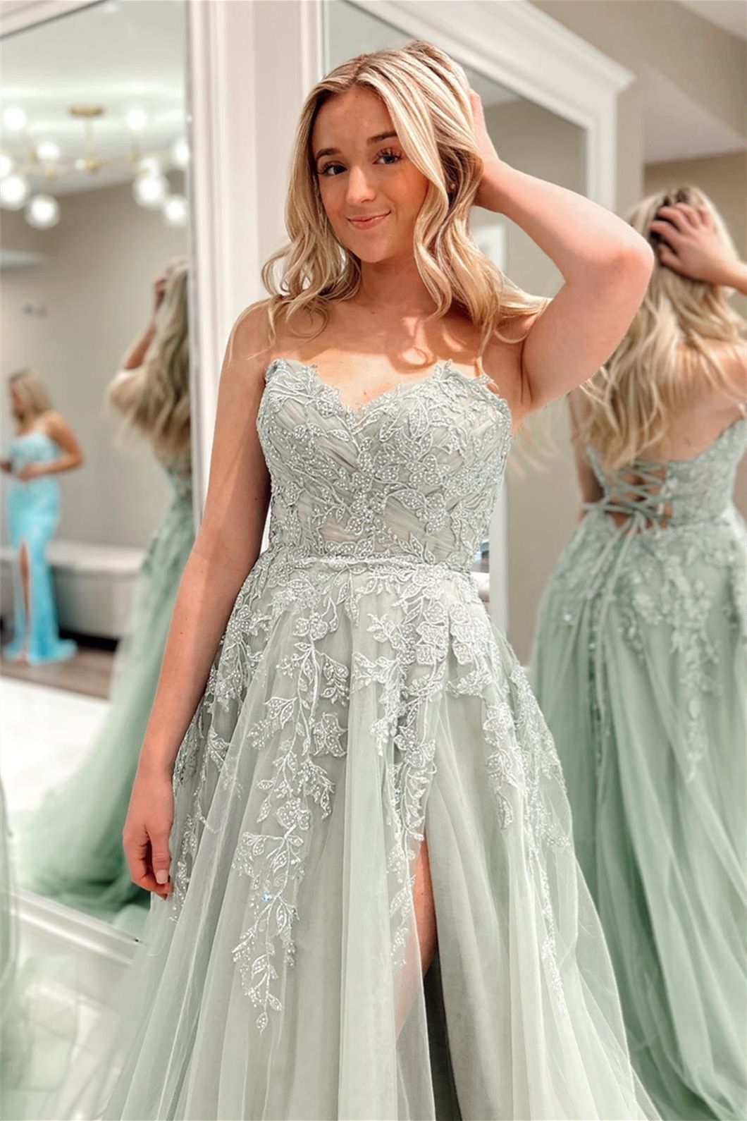 Charming A-Line Appliques Tulle Sexy Long Floor-Length Prom Dresses With Slit Beautiful