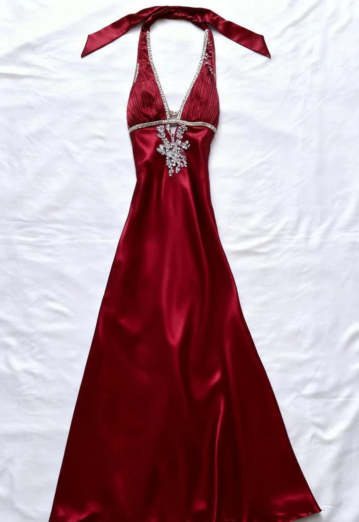 Charming A Line Halter Satin Beads Long Formal Prom Dress Elegant Evening Gown Vintage Wedding Guest Party Dress