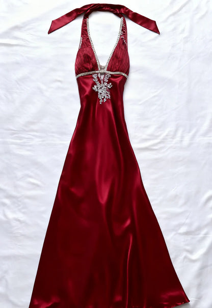 Charming A Line Halter Satin Beads Long Formal Prom Dress Elegant Evening Gown Vintage Wedding Guest Party Dress