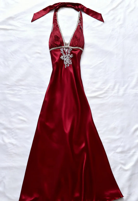 Charming A Line Halter Satin Beads Long Formal Prom Dress Elegant Evening Gown Vintage Wedding Guest Party Dress
