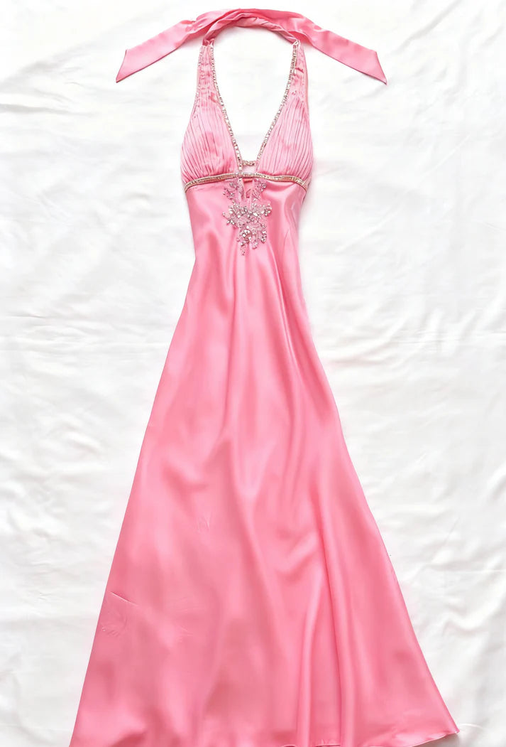 Charming A Line Halter Satin Beads Long Formal Prom Dress Elegant Evening Gown Vintage Wedding Guest Party Dress
