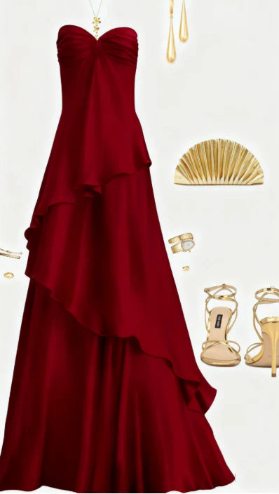 Charming A Line Sweetheart Strapless Ruffle Long Formal Prom Dress Elegant Evening Gown Pretty Wedding Guest Party Dress No With Accessories