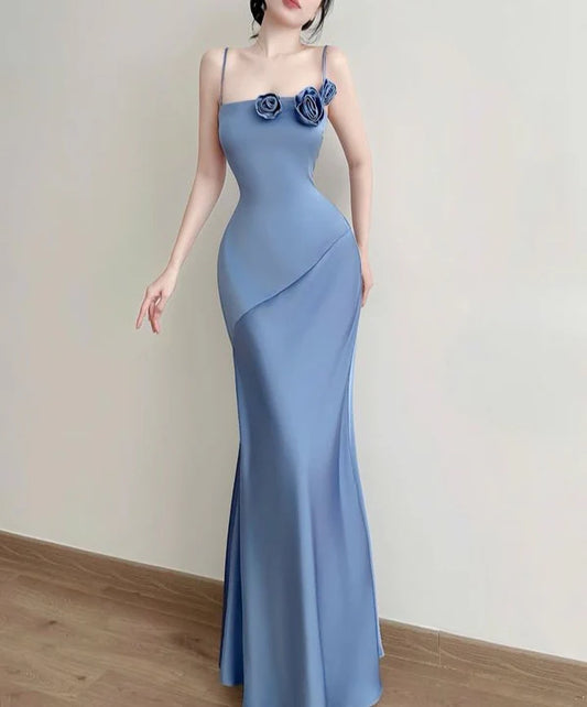 Charming Mermaid Spaghetti Straps Satin Long Prom Dress Sleeveless Elegant Evening Party Dress With Flowers