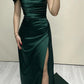 Charming Off The Shoulder Pleated Satin Long Formal Prom Dress Elegant Evening Gown Fashion Wedding Guest Party Dress With Slit