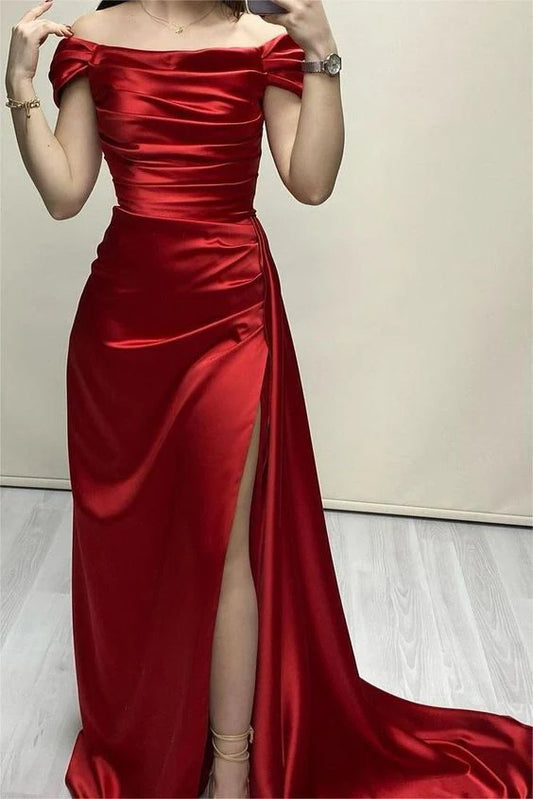 Charming Off The Shoulder Pleated Satin Long Formal Prom Dress Elegant Evening Gown Fashion Wedding Guest Party Dress With Slit