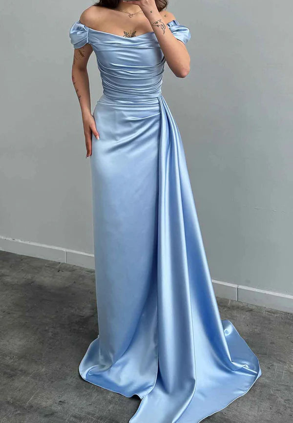 Charming Sheath Off The Shoulder Pleated Long Formal Prom Dress Elegant Evening Gown Fashion Wedding Guest Party Dress