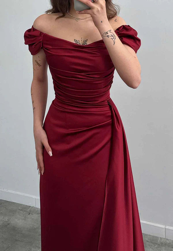 Charming Sheath Off The Shoulder Pleated Long Formal Prom Dress Elegant Evening Gown Fashion Wedding Guest Party Dress