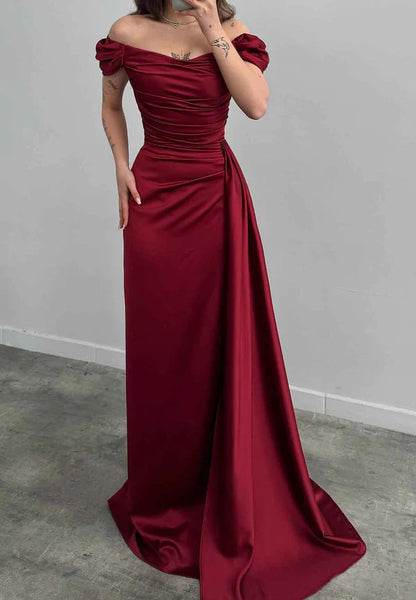 Charming Sheath Off The Shoulder Pleated Long Formal Prom Dress Elegant Evening Gown Fashion Wedding Guest Party Dress