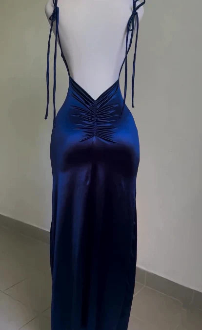 Charming Sheath Straps Backless Blue Satin Long Formal Prom Dress Simple Party Evening Gown Fashion Graduation Dress