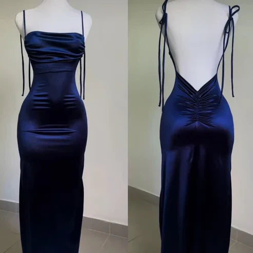 Charming Sheath Straps Backless Blue Satin Long Formal Prom Dress Simple Party Evening Gown Fashion Graduation Dress