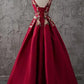 Chic Burgundy Cheap Scoop Long Lace up Satin Sleeveless Prom Dresses Evening Dresses