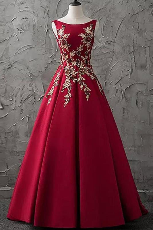 Chic Burgundy Cheap Scoop Long Lace up Satin Sleeveless Prom Dresses Evening Dresses