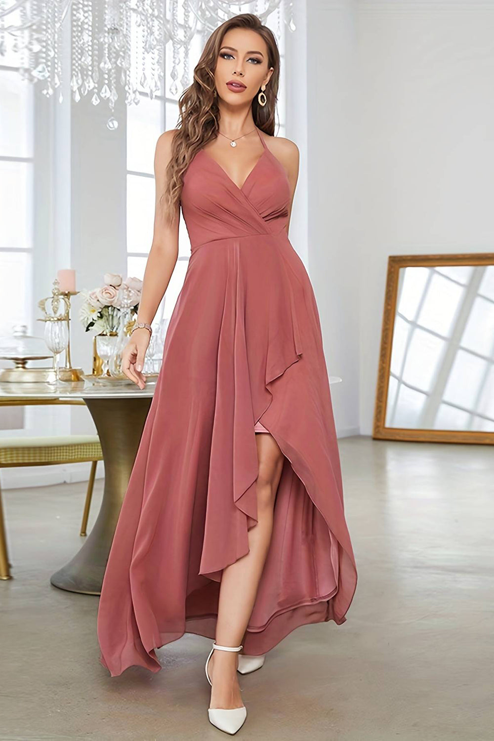 Coral Chiffon High Low Prom Dress V-neck Sexy Party Dresses
