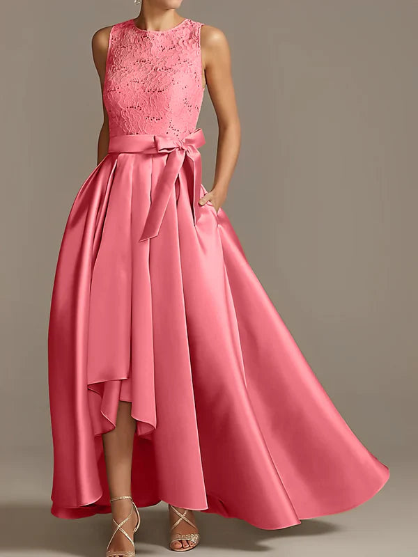 A-line/Princess collar sleeveless pleated lace mother of the bride dress Evening Dresses With Bow