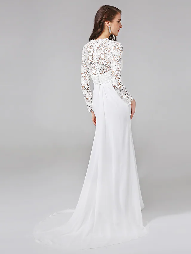 Wedding Dresses V NeckChiffon Floral Lace Long Sleeve Romantic Boho Illusion Sleeve with Lace