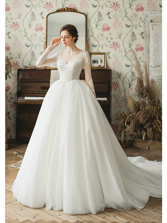 Ball Gown Wedding Dresses V Neck Chapel Train Tulle Long Sleeve Formal with Pleats