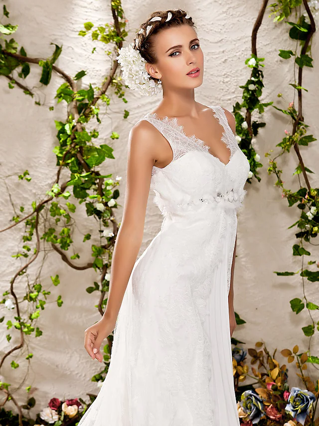 Wedding Dresses V Neck Chapel Train Lace Sleeveless Long Pure Color