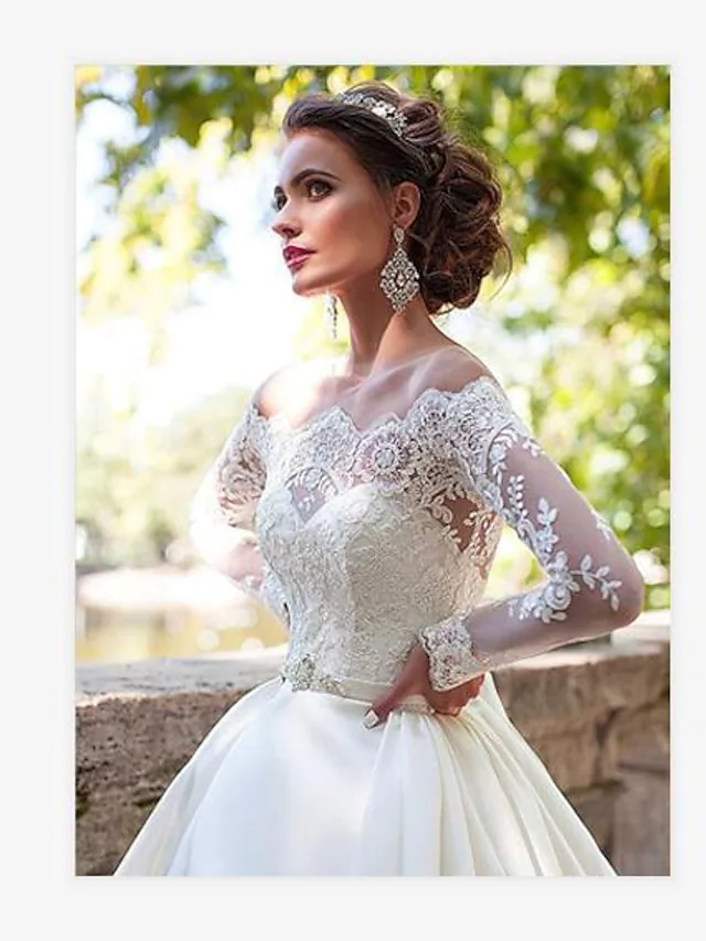 A-Line Wedding Dresses Off Shoulder Court Train Lace Long Sleeve Country Illusion Sleeve Beautiful