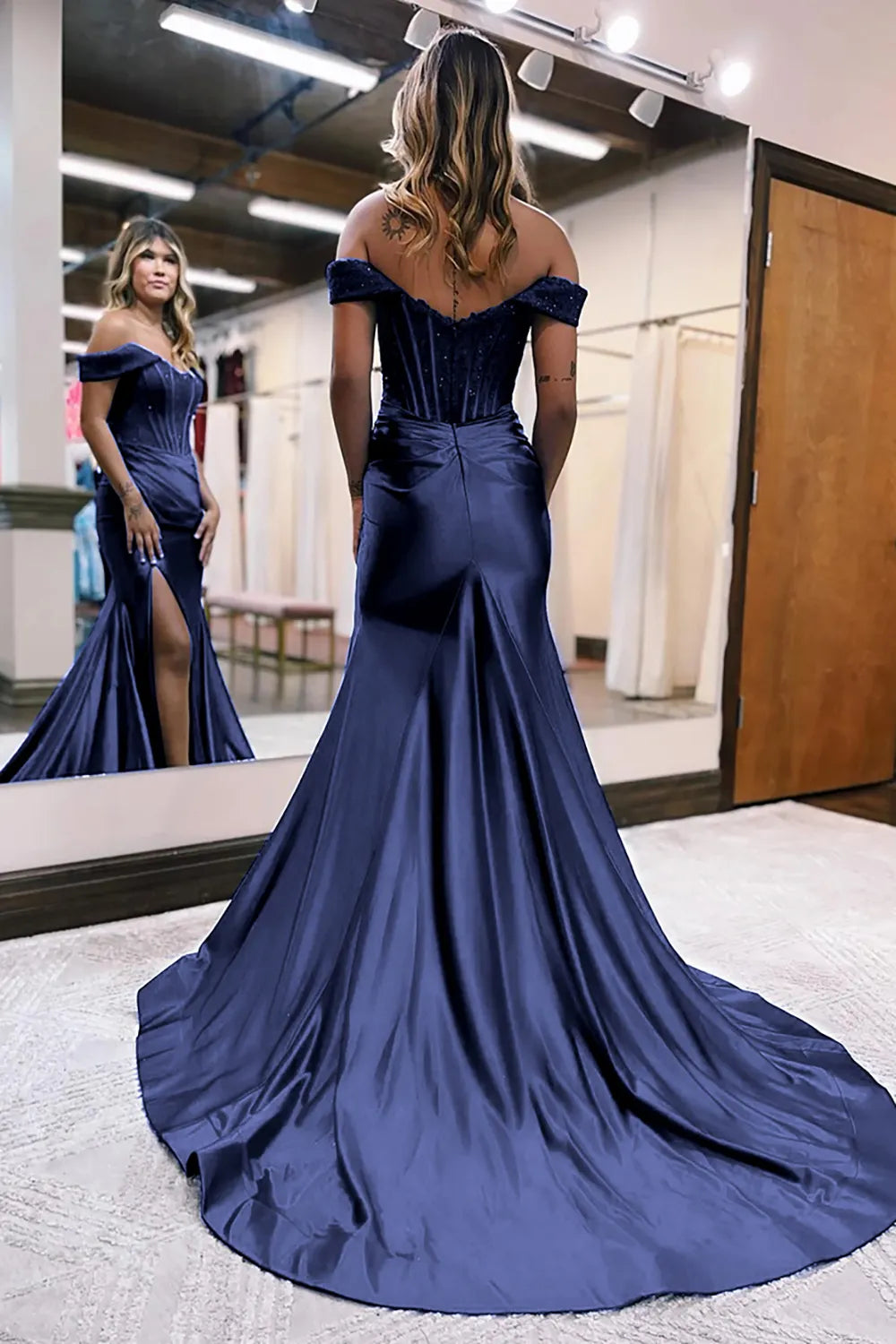 Mermaid Off The Shoulder Court Long Prom Dress With Split Charming Evening Party Dress
