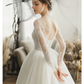 Ball Gown Wedding Dresses V Neck Chapel Train Tulle Long Sleeve Formal with Pleats