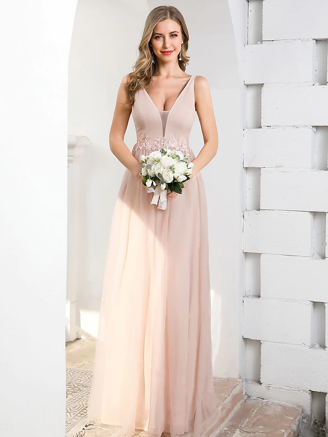 A-Line Plunging Neck Floor Length Tulle Bridesmaid Dress with Appliques Beautiful