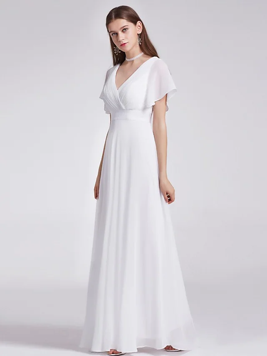 A-Line Wedding Dresses V Neck Floor Length Chiffon Short Sleeve Simple Little White Dress with Draping Pure Color