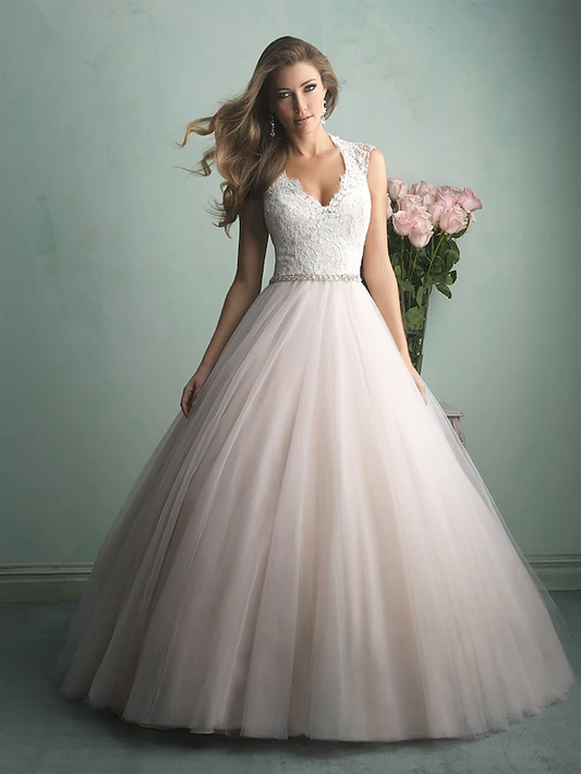 A-Line Wedding Dresses V Neck Tulle Regular Straps Romantic See-Through Illusion Detail Backless with Beading Lace