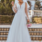 A-Line Wedding Dresses V Neck Floor Length Lace Tulle Sleeveless Romantic with Pleats Beautiful