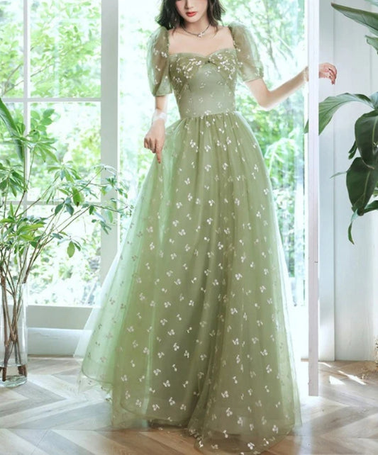 Light Green Tulle Long Formal Gown Party Dress Evening Prom Dresses Short Sleeves Prom Dress