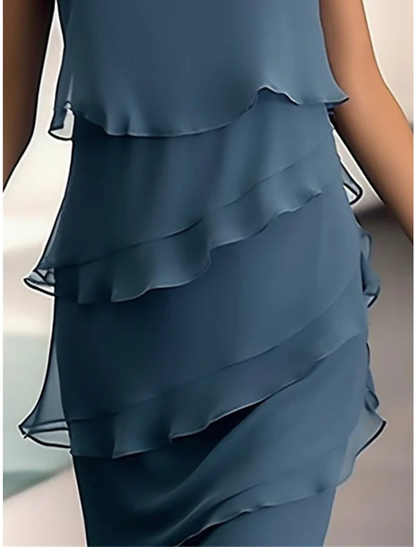 Party Dress Cocktail Dress Wedding Guest Dress Midi Dress Blue Sleeveless Pure Color Ruffle Summer Spring Fall Crew Neck Fashion Wedding Guest Mother of the Bride Dress