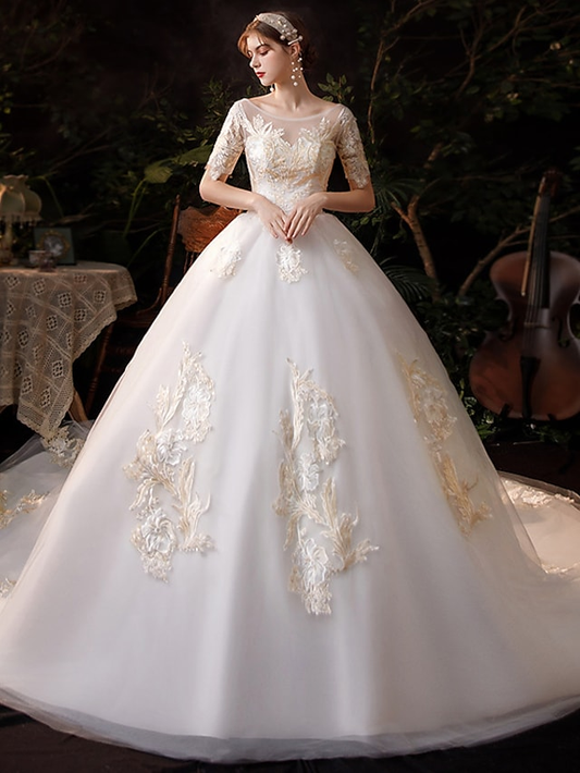 Princess Ball Gown Wedding Dresses Jewel Neck Chapel Train Lace Tulle Short Sleeve Formal Luxurious