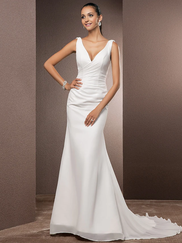 Wedding Dresses V Neck Court Train Chiffon Over Satin Regular Straps Vintage Backless Elegant