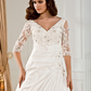 Ball Gown Wedding Dresses V Neck Chapel Train Taffeta Half Sleeve See-Through with Ruched Beading