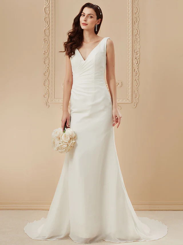 Wedding Dresses V Neck Court Train Chiffon Over Satin Regular Straps Vintage Backless Elegant