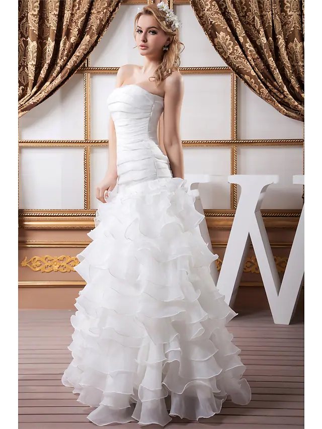 A-Line Wedding Dresses Strapless Floor Length Organza Satin Strapless with Ruched Cascading