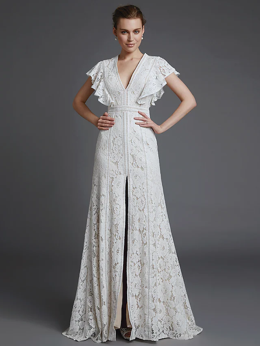A-Line Long Wedding Dresses V Neck Lace Sleeveless Boho with Split Front