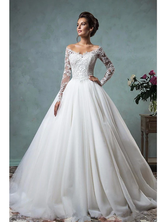 A-Line Wedding Dresses Off Shoulder Court Train Lace Tulle Long Sleeve Formal See-Through with Embroidery Beautiful