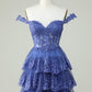 Princess A Line Corset Tiered Purple Short Homecoming Dress with Lace Off Shoulder