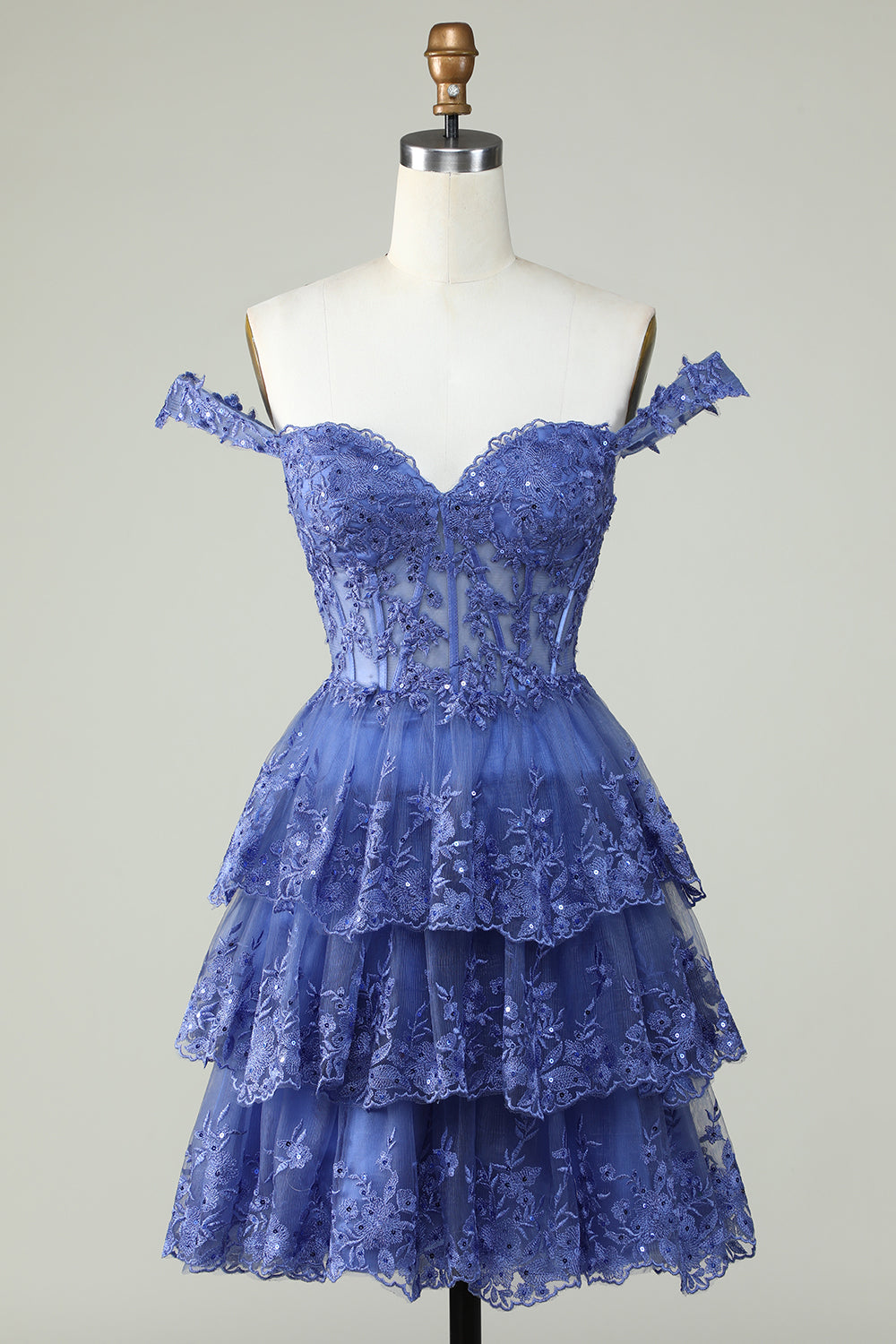 Princess A Line Corset Tiered Purple Short Homecoming Dress with Lace Off Shoulder
