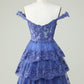 Princess A Line Corset Tiered Purple Short Homecoming Dress with Lace Off Shoulder