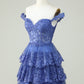 Princess A Line Corset Tiered Purple Short Homecoming Dress with Lace Off Shoulder