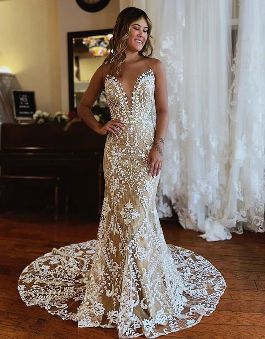 Mermaid Neckline Lace Wedding Dress V-neck Sexy Long