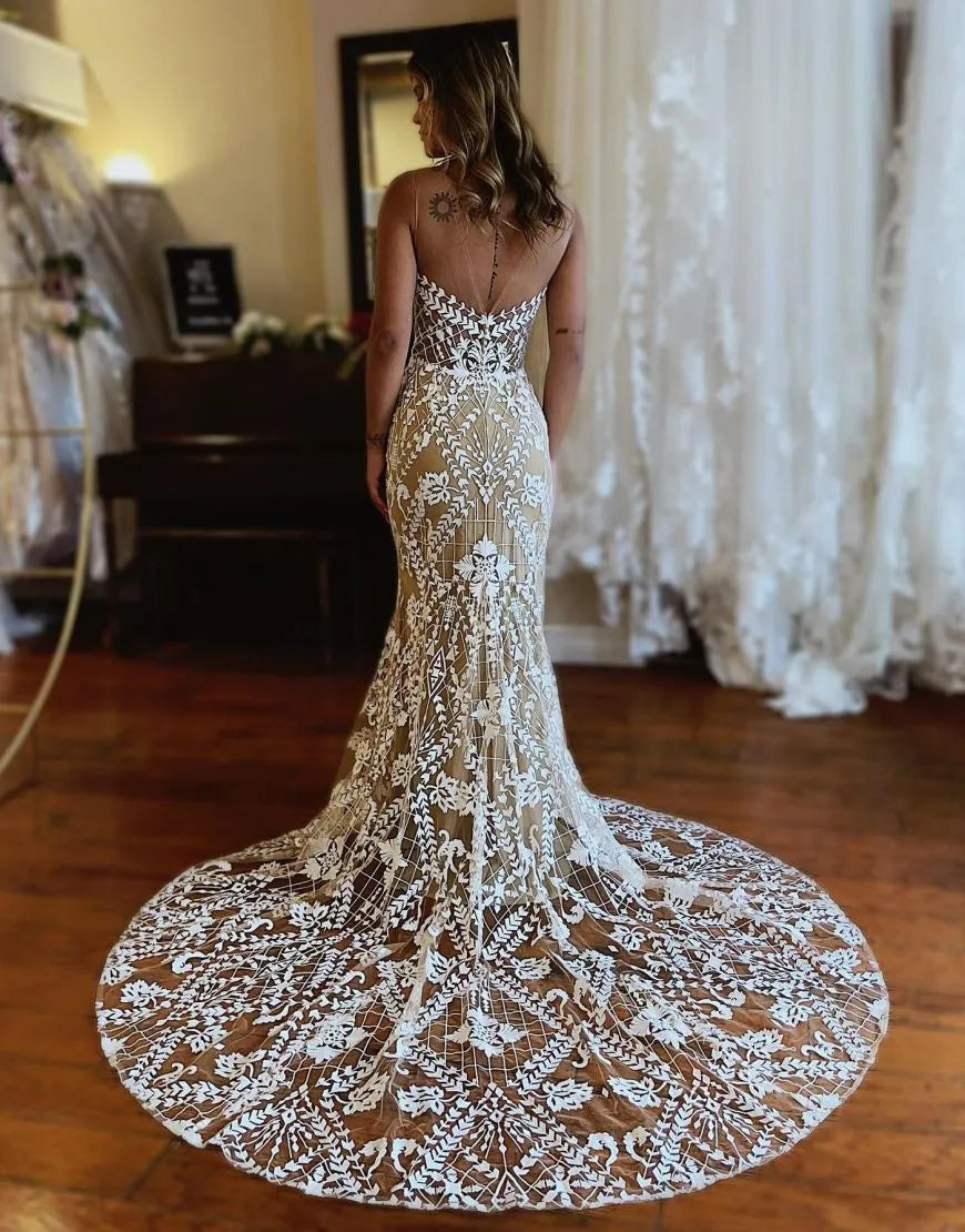 Mermaid Neckline Lace Wedding Dress V-neck Sexy Long