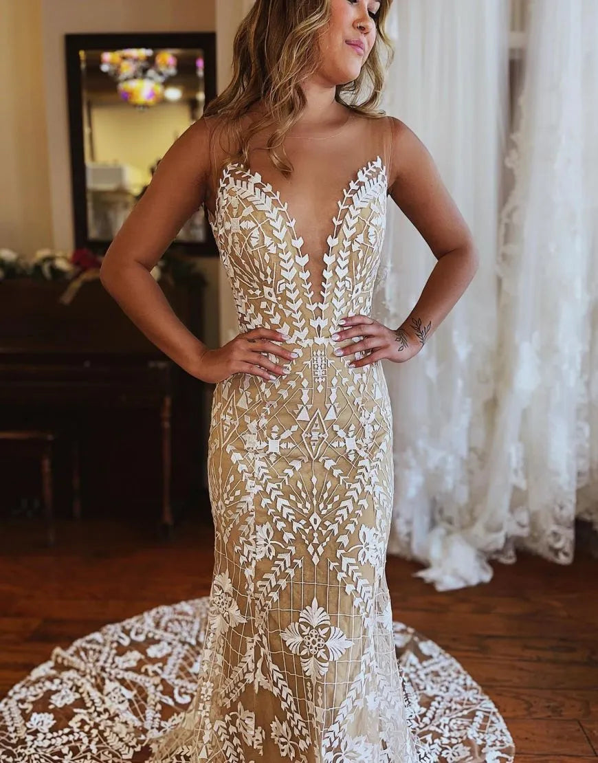 Mermaid Neckline Lace Wedding Dress V-neck Sexy Long