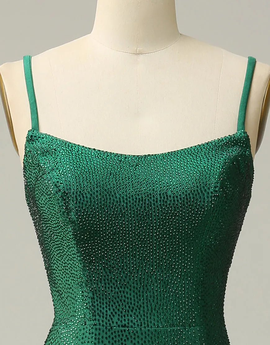 Dark Green Spaghetti Straps Corset back Prom Dress With Split